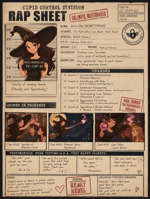 A rap sheet document featuring a mugshot of Willow Heartstrike, a witch holding a sign, with details about her charges like unlicensed matchmaking and testimonials from happy couples.