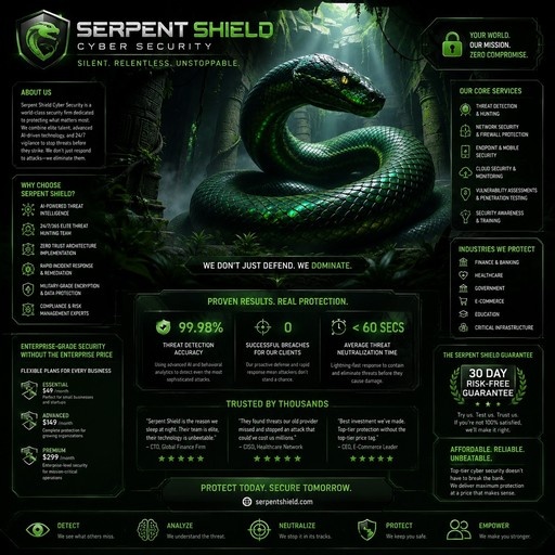 A large green snake coiled in a jungle setting anchors a Serpent Shield Cyber Security infographic detailing services and pricing.