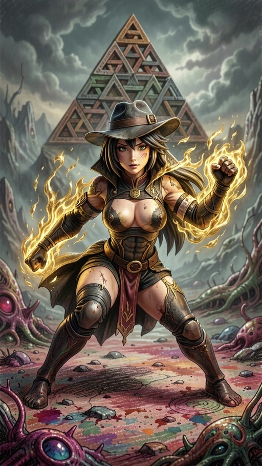 A female fantasy warrior in armor and a wide-brimmed hat stands ready for battle, golden fire swirling around her fists amidst purple alien tentacles and a large geometric pyramid in the background.