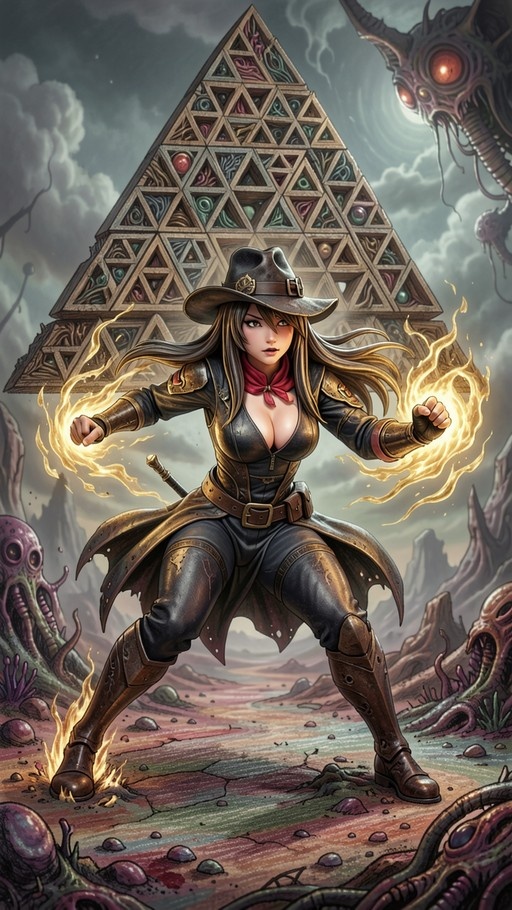 A female adventurer in a cowboy hat and leather outfit stands with fists glowing with golden fire, facing a giant pyramid and a monster head in the sky.