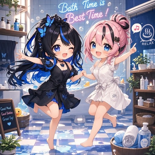 Two chibi anime girls holding hands in a blue tiled bathroom with a neon "Bath Time is Best Time" sign.