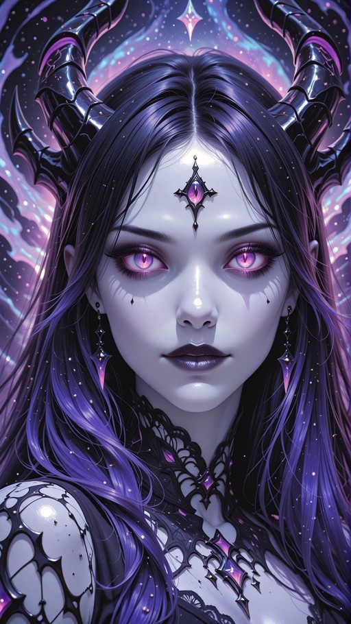 A close-up portrait of a pale-skinned woman with long black and purple hair, large curved black horns, glowing purple slit-pupil eyes, and an ornate jewel on her forehead against a cosmic starry background.