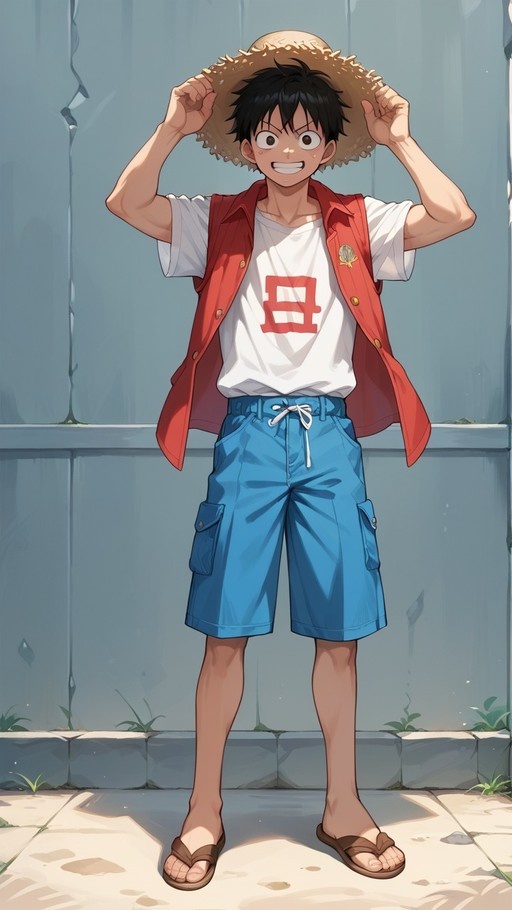 A full-body illustration of Monkey D. Luffy from One Piece standing outdoors and holding his straw hat above his head with both hands while smiling.