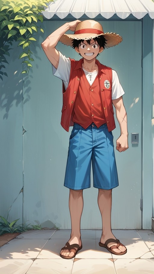Monkey D. Luffy from One Piece standing outdoors in a red vest and blue shorts, holding his straw hat.