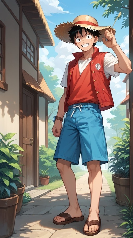 Full-body illustration of Monkey D. Luffy from One Piece standing on a sunny path, holding his straw hat and smiling, with potted plants nearby.
