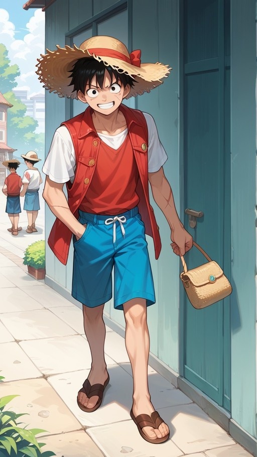 Monkey D. Luffy from One Piece wearing a straw hat and red vest while holding a small beige bag.