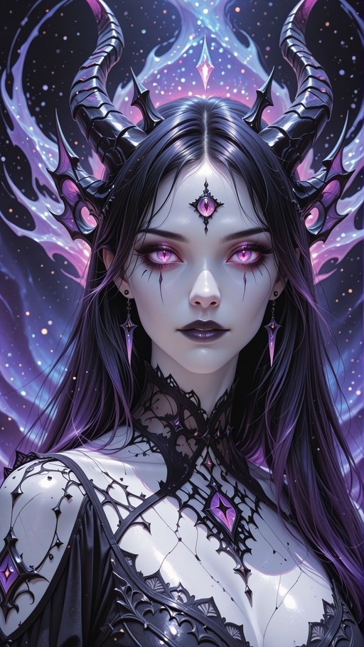 A portrait of a pale-skinned fantasy demoness with large black horns, glowing pink eyes, and a jeweled third eye on her forehead, set against a cosmic background.