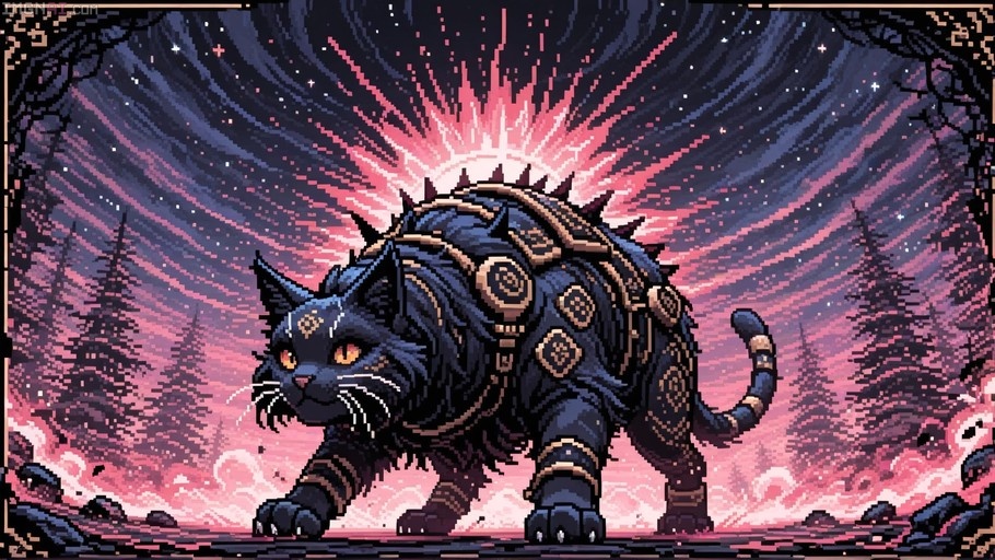 A pixel art illustration of a large armored black panther standing in a pine forest under a vibrant pink and purple starry night sky.