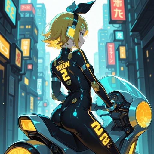 Kagamine Rin in a black bodysuit with yellow accents riding a motorcycle in a neon city.