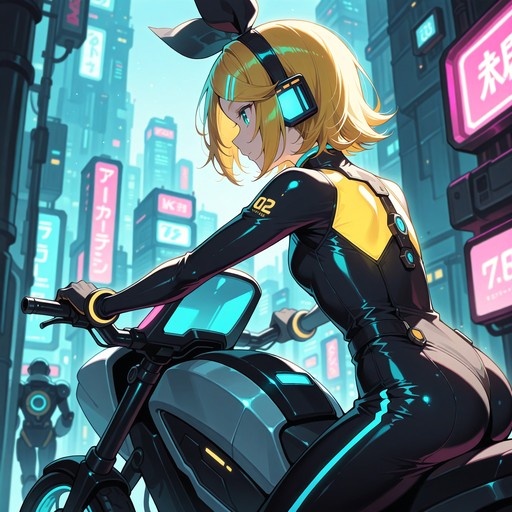 Kagamine Rin in a black and yellow bodysuit riding a motorcycle through a neon-lit cyberpunk city street.