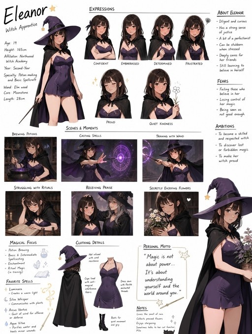 A character design sheet for Eleanor, a witch apprentice with brown hair wearing a purple dress and black cape, showing various expressions and scenes like brewing potions and casting spells.