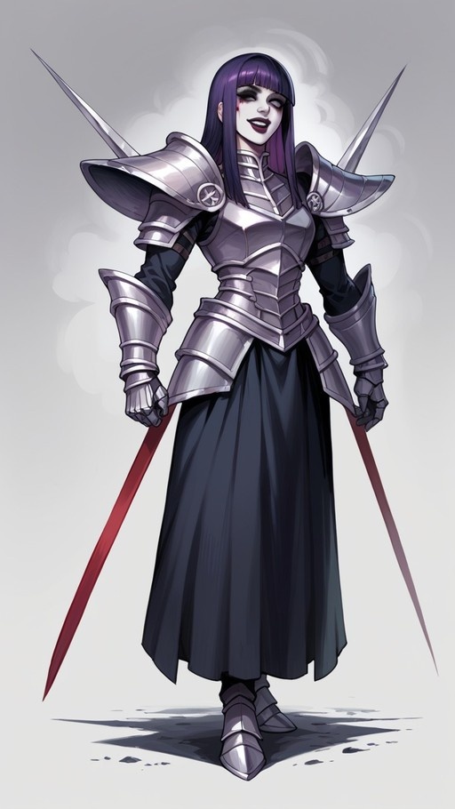 A full-body illustration of a female knight with long purple hair wearing silver plate armor and holding two red swords.