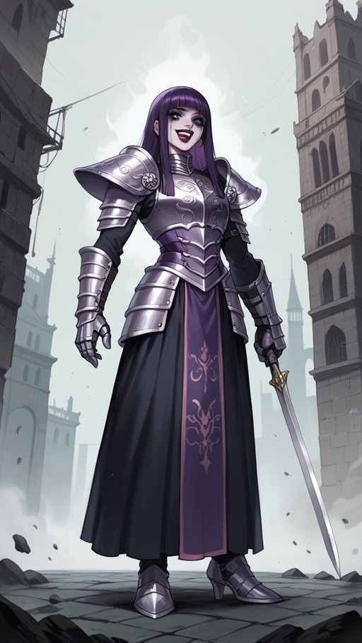 Full-body illustration of a smiling female knight with long purple hair wearing silver plate armor and holding a sword in a misty stone city street.