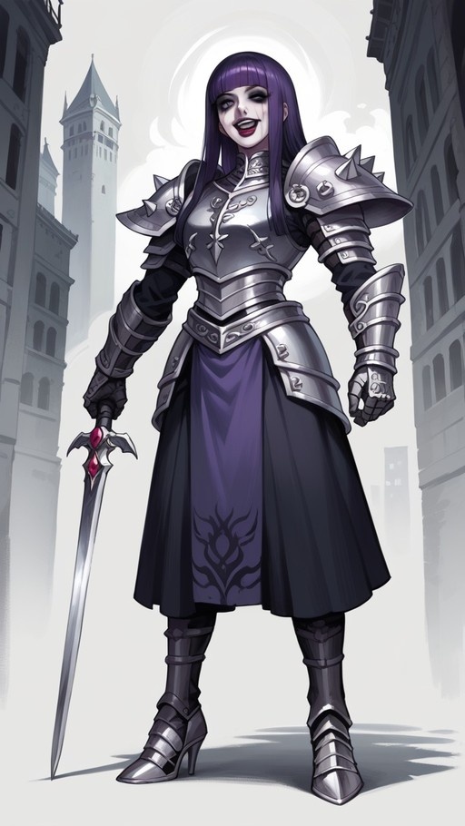 Full body shot of a purple-haired anime girl in silver plate armor holding a sword.