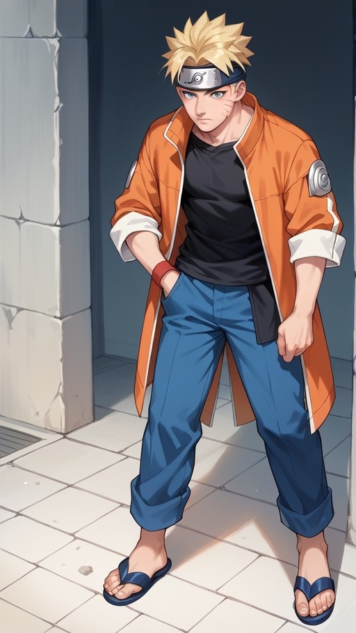 Full-body illustration of Naruto Uzumaki wearing an orange jacket and blue pants standing on a tiled floor.