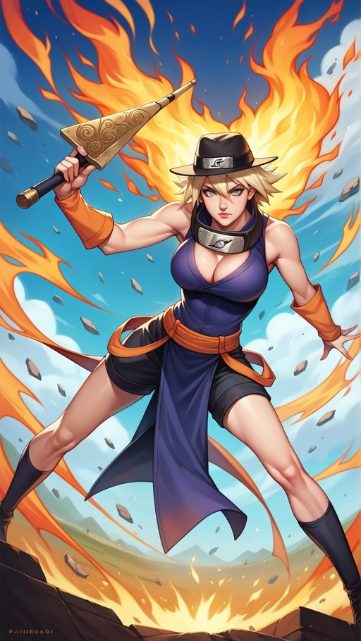 A full-body illustration of a blonde anime woman with blue eyes wearing a black hat and purple outfit, holding a large golden club amidst swirling flames.
