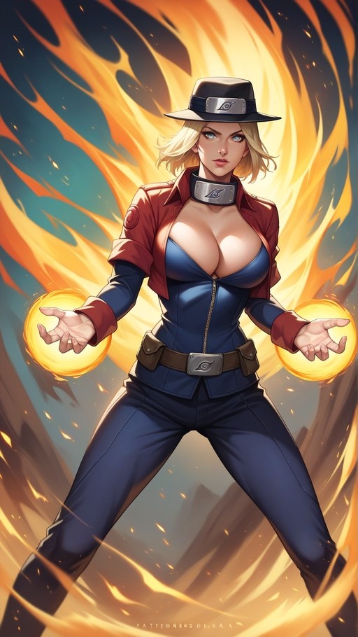 A blonde anime woman in a red jacket and Konoha hat holds glowing fire orbs in her hands while standing amidst swirling flames.