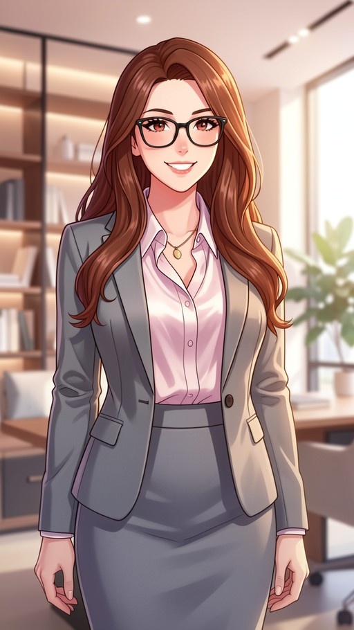 A smiling woman with long brown hair and black-rimmed glasses stands in an office wearing a grey suit jacket and matching pencil skirt over a light pink blouse.