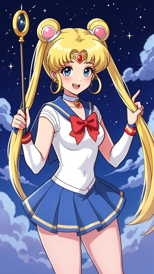 Sailor Moon stands in a starry night sky holding her wand and touching her hair.