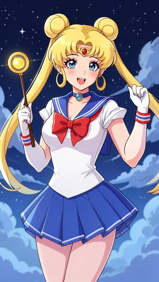 Sailor Moon stands smiling in her sailor uniform, holding a golden wand against a starry night sky.