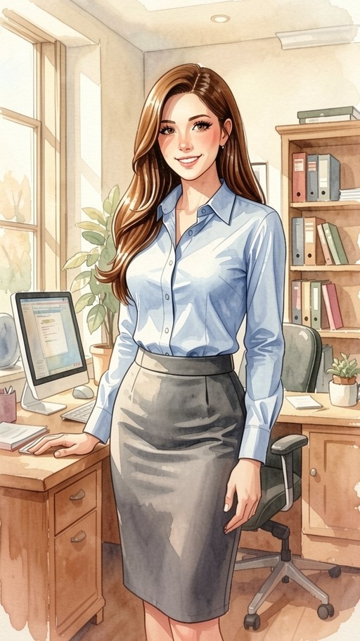 A smiling woman with long brown hair stands in a sunlit office wearing a blue shirt and grey skirt, leaning against her desk next to a computer monitor.
