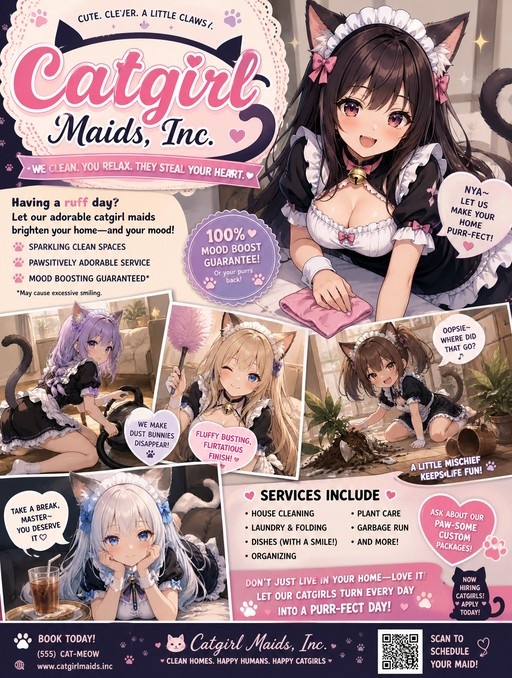A colorful anime-style poster for Catgirl Maids, Inc. featuring five catgirls in maid outfits performing chores like vacuuming and dusting.