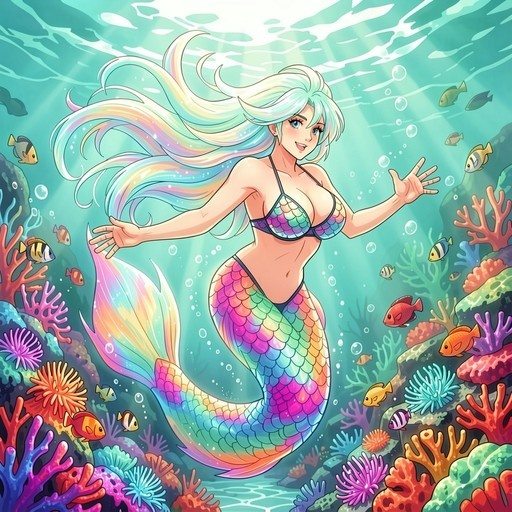 A vibrant digital illustration of a smiling mermaid with long pastel hair and a rainbow-scaled tail swimming in an underwater coral reef surrounded by tropical fish.