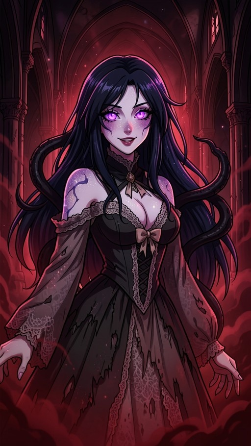 A pale woman with long black hair and glowing purple eyes wearing a torn black lace dress stands in a red-lit gothic hall with shadowy tendrils behind her.