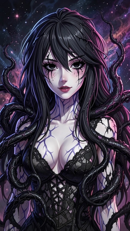 A digital illustration of a pale-skinned anime girl with long black hair and purple vein markings on her face and chest. She wears a black lace corset while glossy black tentacles wrap around her shoulders against a starry cosmic background.