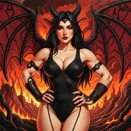 A confident demoness with black hair, horns, and large wings stands with hands on hips in a fiery landscape wearing a textured black leotard.