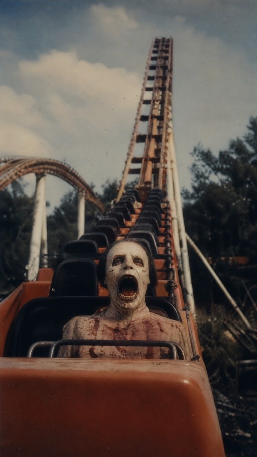 A pale zombie with a gaping mouth sits in the front seat of an orange roller coaster car on a wooden track.