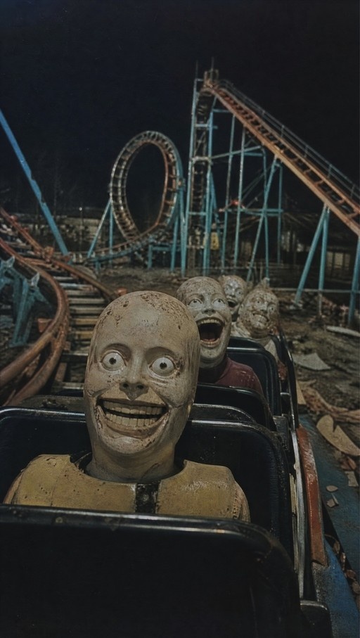 Bald, pale figures with wide eyes and fixed smiles sitting in a rollercoaster car at night.