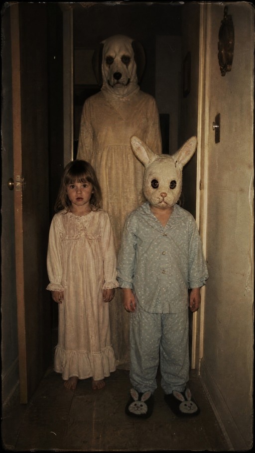Two children in pajamas stand in a dark hallway, one wearing a rabbit mask and the other barefoot, while a tall figure in a dog mask stands behind them.