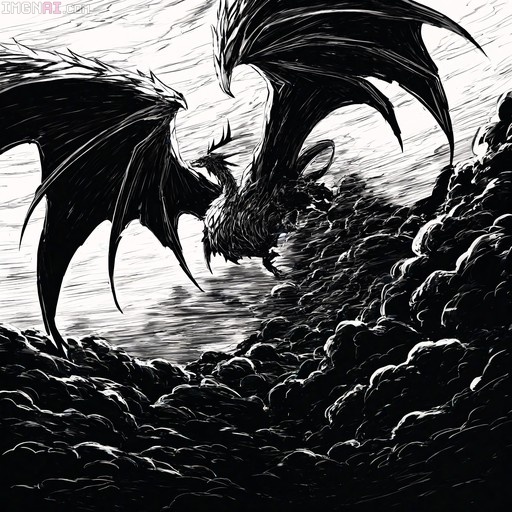 High-contrast black and white ink drawing showing dragons with large wings flying above dark, swirling storm clouds.