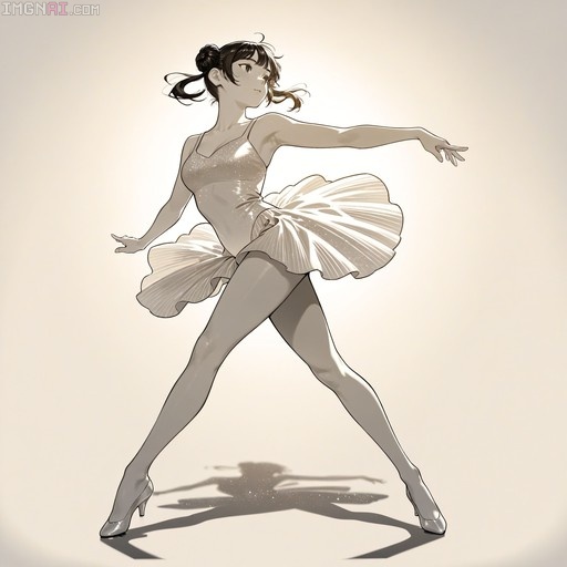 A full-body monochrome illustration of a ballerina in a white leotard and tutu striking a dance pose with arms outstretched, casting an abstract shadow on the floor.