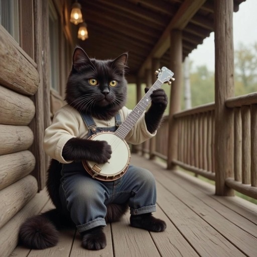 An anthropomorphic black cat wearing denim overalls plays a banjo on a wooden porch, followed by several tuxedo cats riding in a canoe on a misty river.