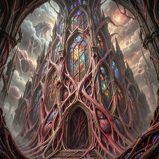 A towering gothic cathedral wrapped in thick crimson organic tendrils and roots, featuring glowing stained-glass windows against a surreal, cloud-filled sky.