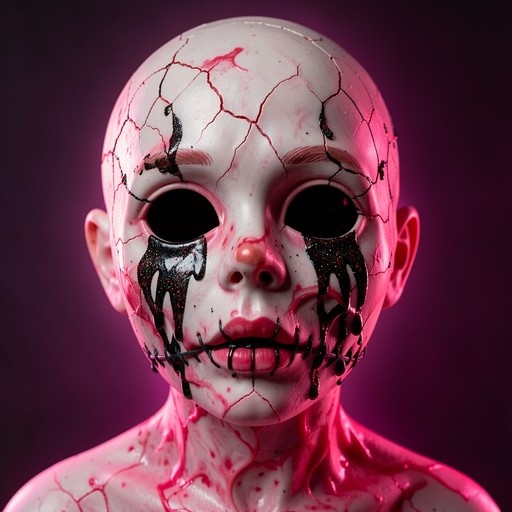A close-up of a bald figure with cracked white skin, black hollow eyes dripping glittery black liquid, and a stitched mouth against a dark purple background.