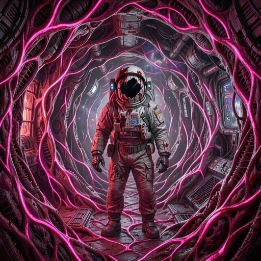 An astronaut in a blood-stained white spacesuit stands in a corridor overgrown with glowing pink organic tendrils, wearing a helmet with a shattered visor.
