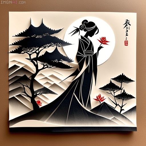 A layered paper-cut style illustration of a woman in traditional dress holding a red flower, silhouetted against a full moon with pine trees and mountains.
