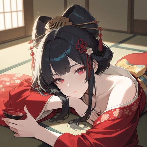 Anime girl with black hair and red eyes lying on tatami mats in a red floral kimono, holding a sake cup.