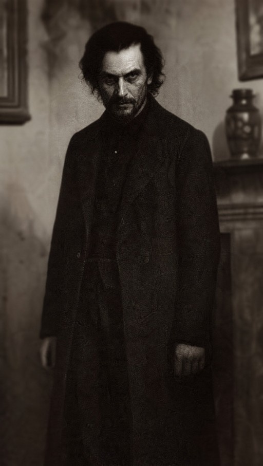 A sepia-toned digital portrait of a man with dark hair and a beard wearing a long coat, resembling the character Sirius Black from Harry Potter.