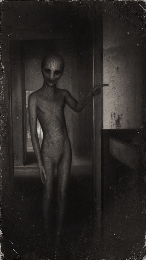 A tall, skinny, bald humanoid figure standing in a doorway and pointing to the right in a grainy black and white photograph.