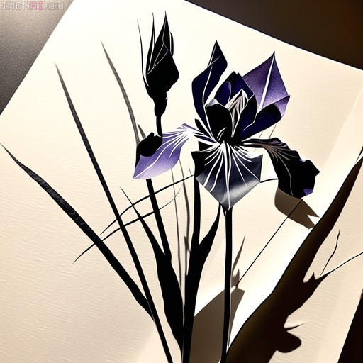 A stylized purple iris flower and bud depicted in a high-contrast sumi-e ink style with dramatic shadows on textured paper.