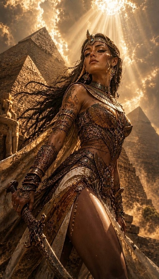 A dark-skinned woman wearing ornate golden ancient Egyptian armor and jewelry holds a sword, standing outdoors with pyramids and dramatic sunlight in the background.