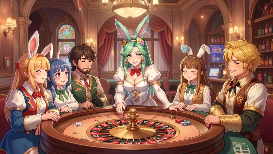 A digital illustration of a green-haired woman in a bunny girl outfit spinning a roulette wheel at an ornate table, surrounded by smiling anime-style characters in a luxurious casino with stained glass windows.