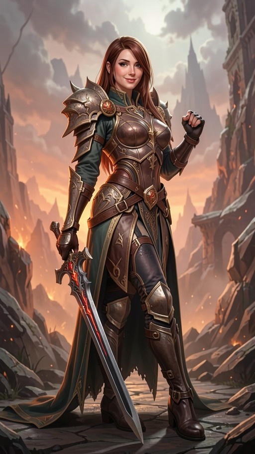 Full-body digital illustration of a smiling female warrior with long brown hair wearing ornate plate armor and holding a large sword amidst ancient ruins.