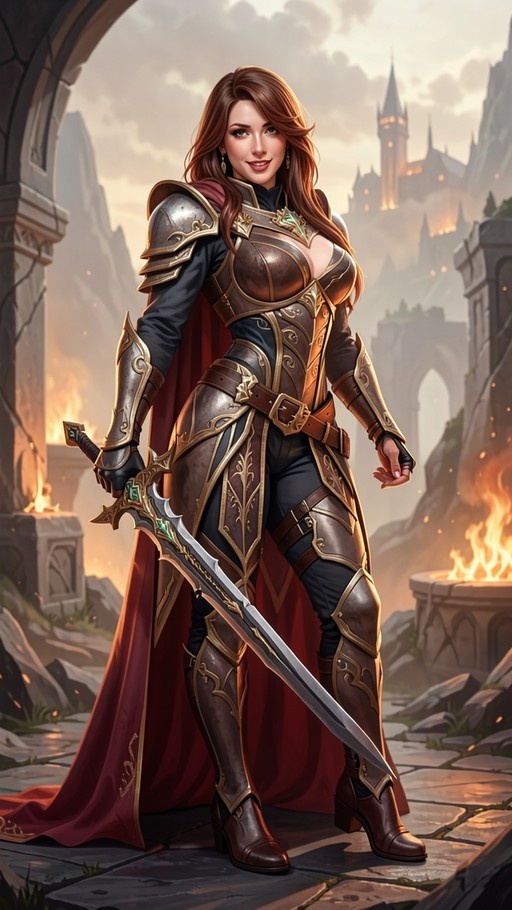 A full-body illustration of a smiling female knight with long brown hair wearing ornate gold and brown armor and a red cape, holding a large sword in front of stone ruins and a distant castle.