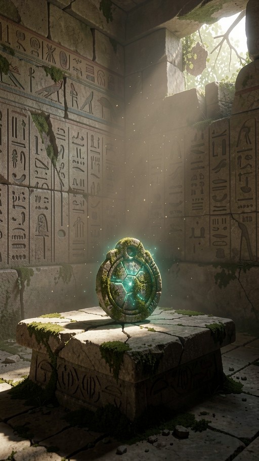 A moss-covered glowing artifact rests on a cracked stone pedestal inside an ancient temple with hieroglyphic walls and sunlight streaming through the ceiling.