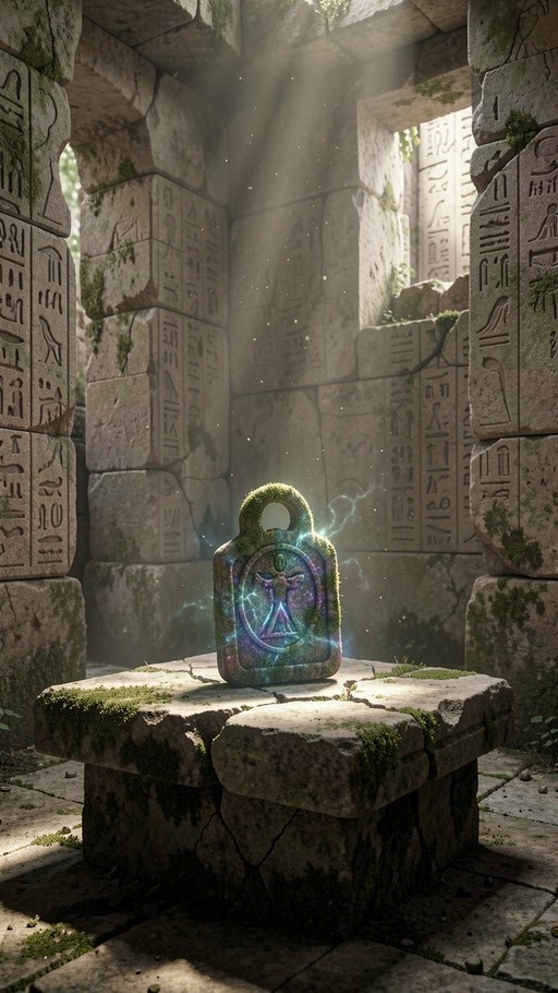 A glowing blue magical artifact sits on a cracked stone block in an ancient ruin with hieroglyphs and sunlight streaming down.